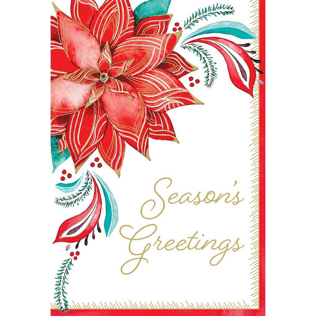 Pictura Poinsettia Christmas Card featuring a vibrant red poinsettia flower on a festive holiday greeting card.